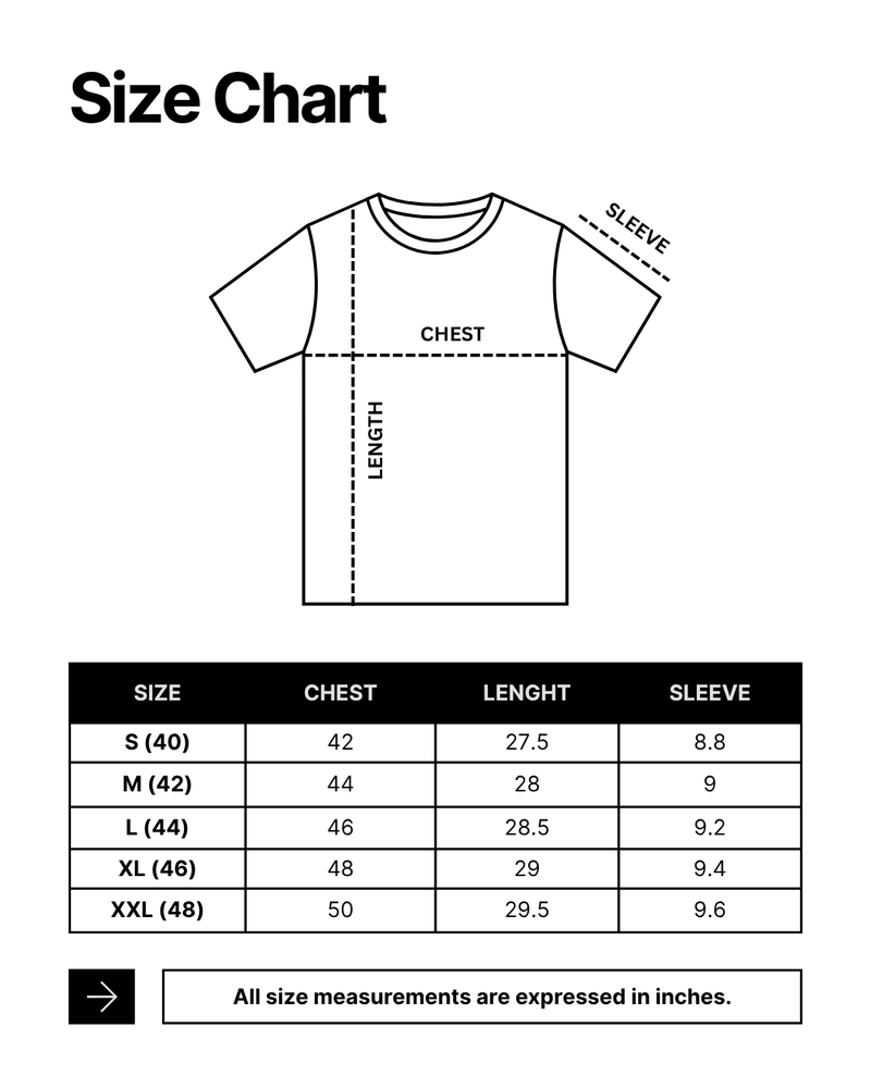 Size chart for Sinner’s Eye Street Print Tee